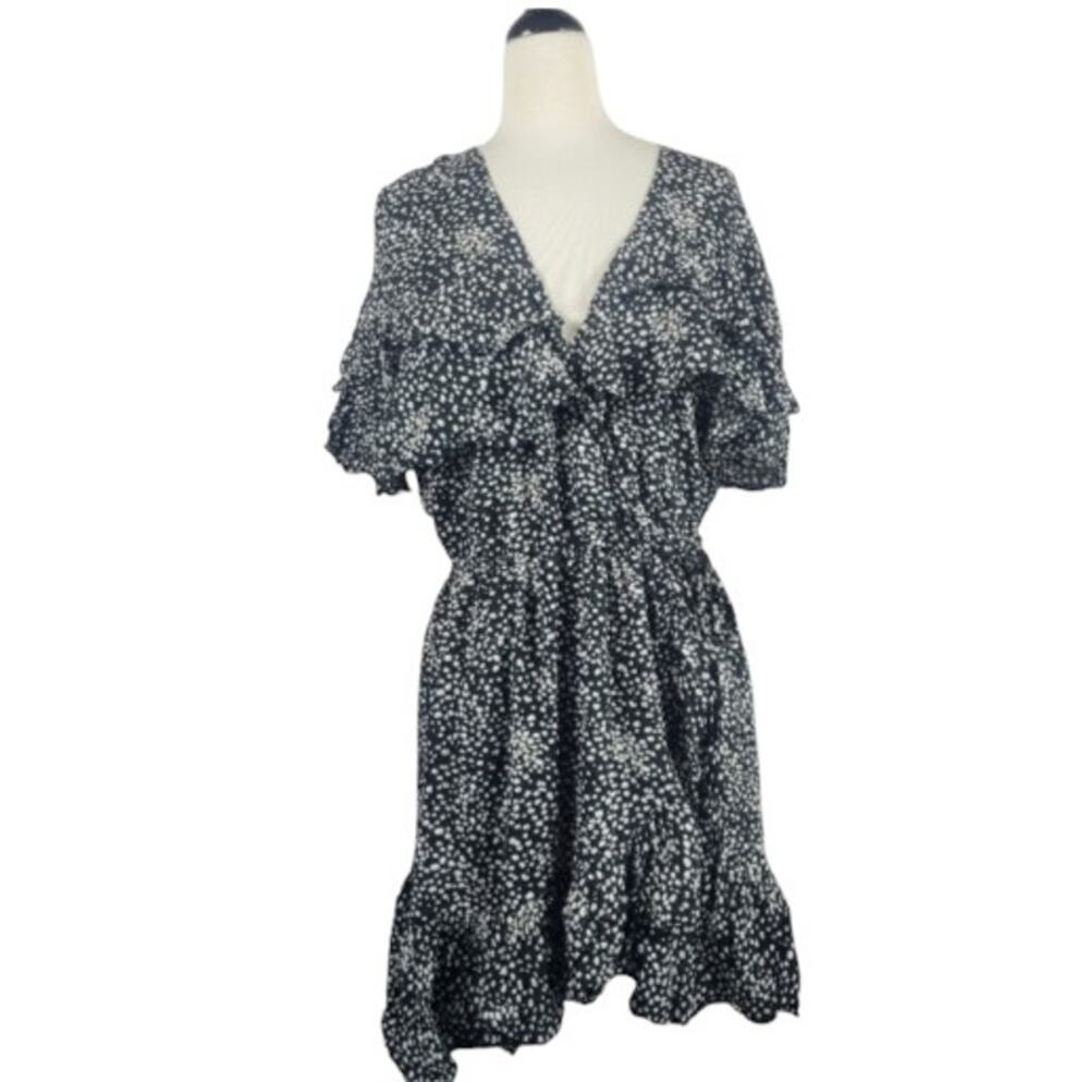 Auguste Edie Cascade Wrap Mini Dress Ruffle Tiered Revolve Black White Print 6